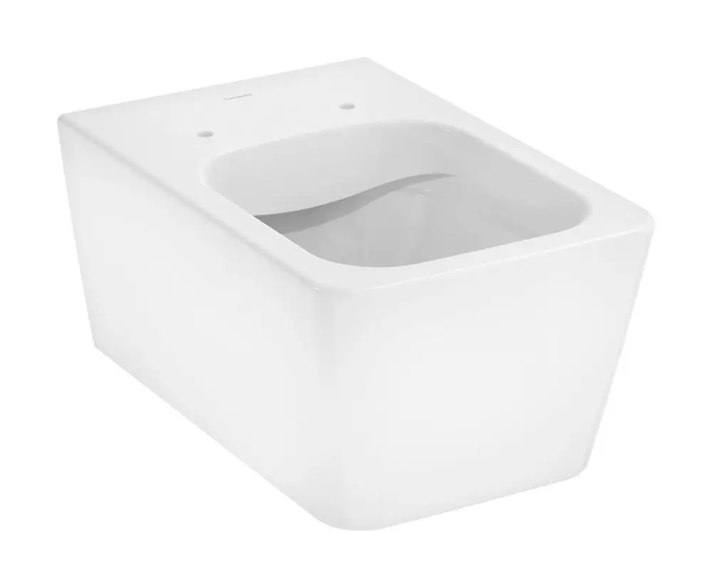Weißes wandmontiertes WC von Hansgrohe, spülrandlos, mit rechteckigem Design und ovaler Öffnung, auf weißer Fläche abgebildet.
